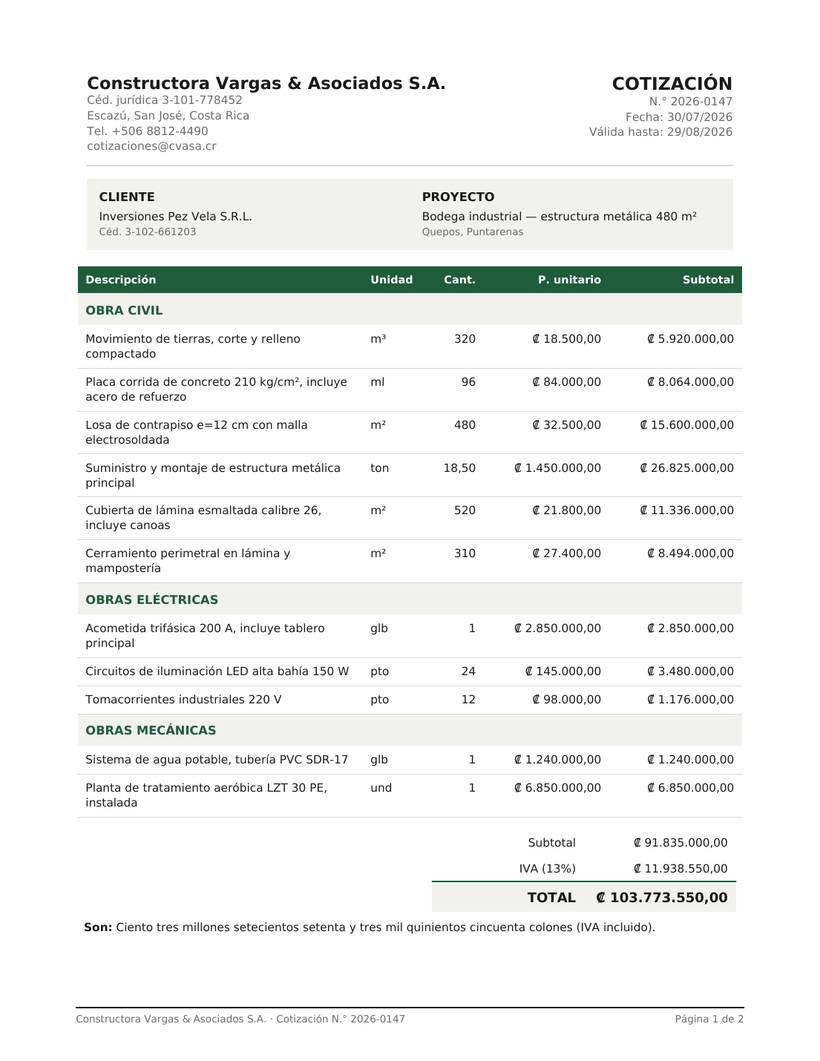 Ejemplo de cotización generada con ConstruCostos